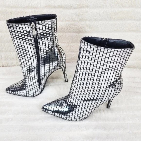 Mack J Shiny Silver Tile Print 4.5" High Heel Ankle Boots - Picture 2 of 9